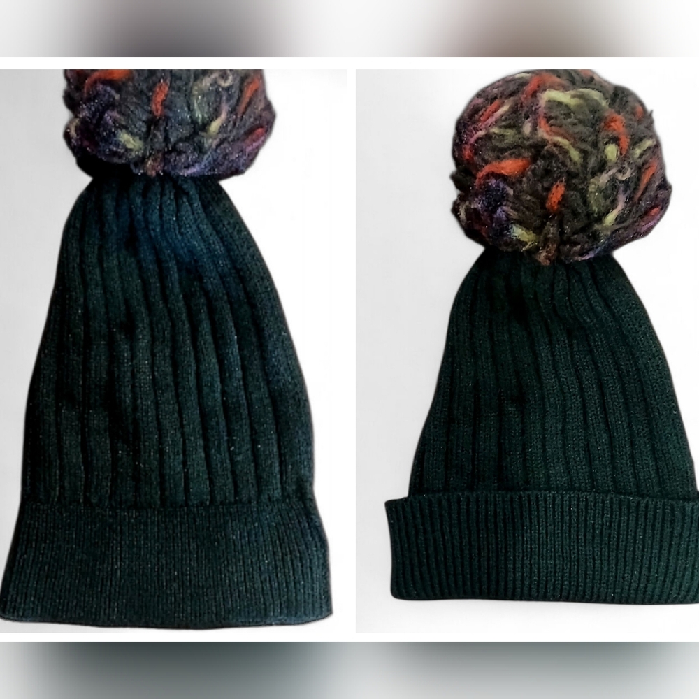 BLACK Beanie Hat, linear sweater material with pompom red, yellow, purple. NWOT